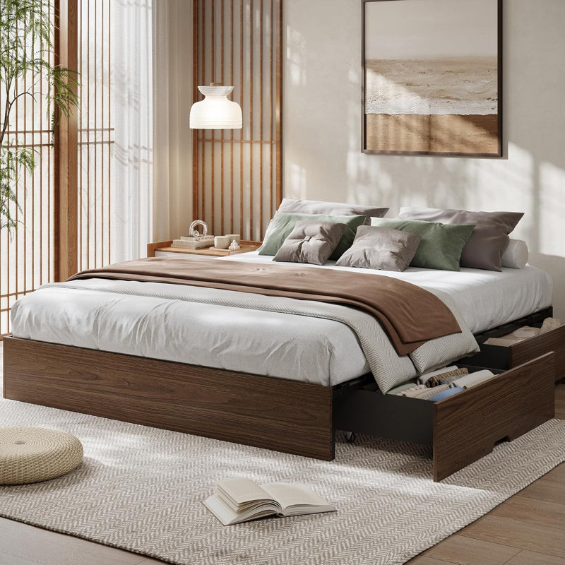 Full Wood Platform Bed Frame with 2 Storage Drawers, No Box Spring, Full, Brown