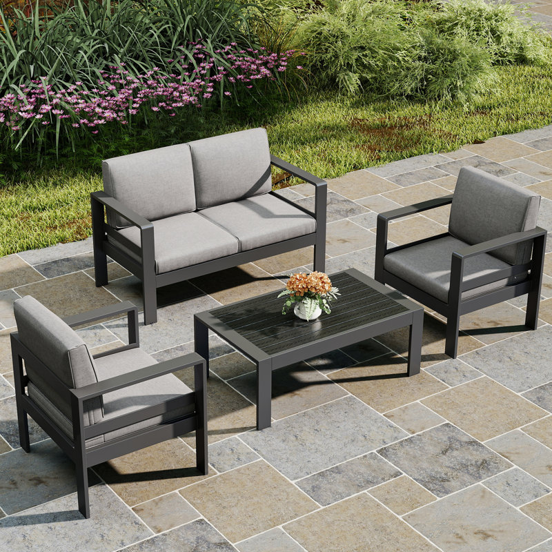 Conversation set with sofa for 4 people with cushions, Dark Gray, Black