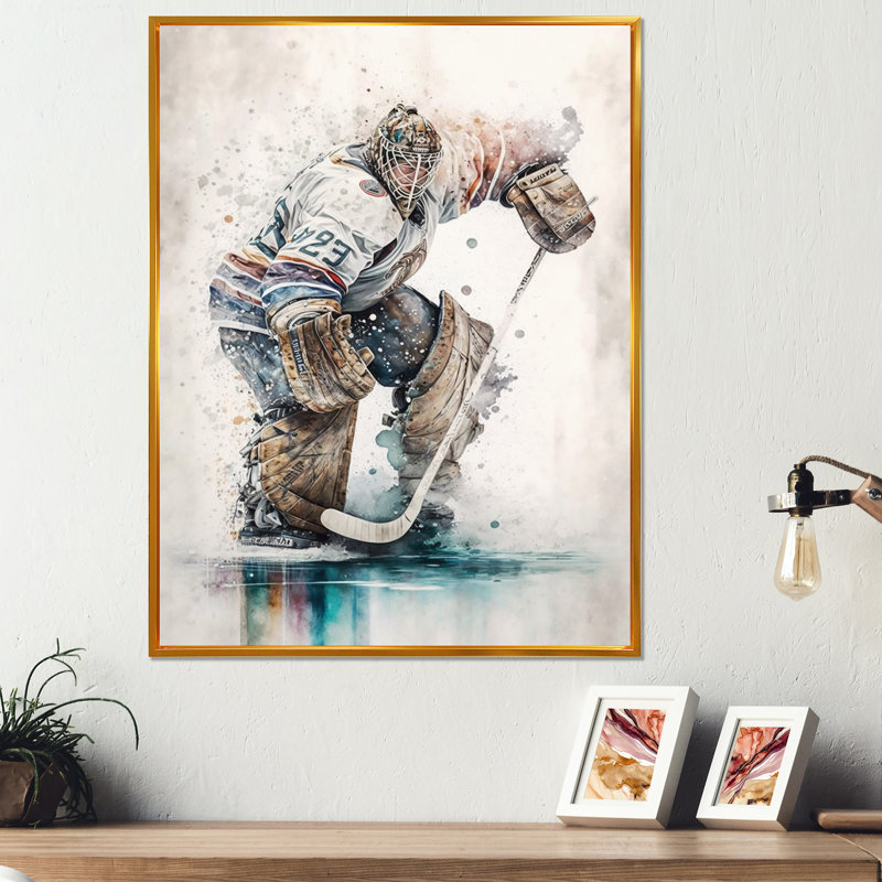 Hockey sur toile pendant le jeu III - art sur toile, H 32 po x l 24 po x P 1 po, Cadre flottant doré