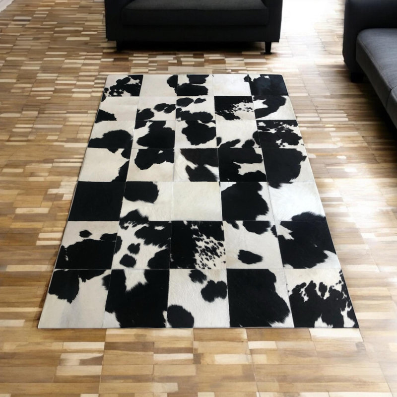 Tapis en cuir de vache noir et blanc à imprimé patchwork - Tapis en cuir pour le salon, la chambre à coucher - Tapis de sol multi-tailles