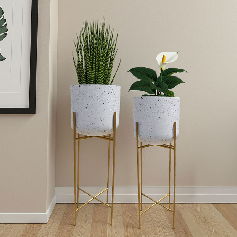 Aira Set Of 2 Planters 20, 22" Tall Gold Foldable Metal Stand White Speckled Pattern, 22" H x 10" W x 10" D