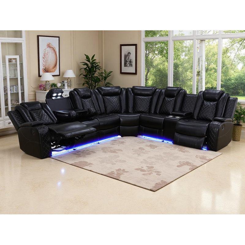 210" Breathing Leather Sectional — Dual Power Recline, Smart Features & Ultra-Comfort Design, Black Faux Leather