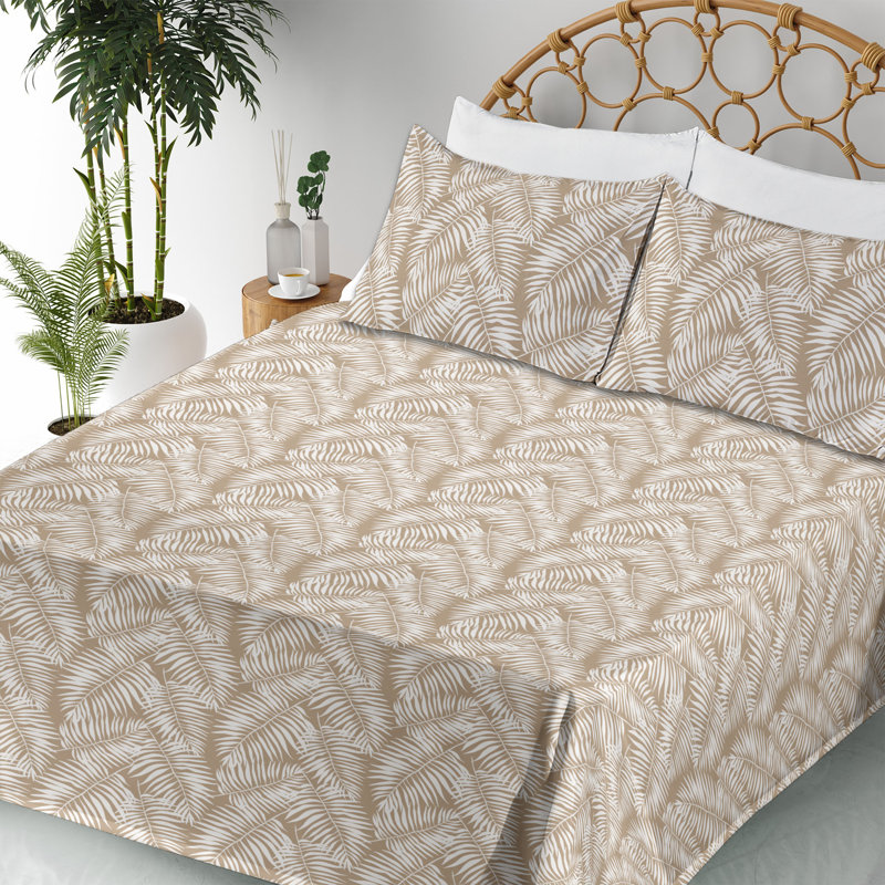 Microfiber Sheet Set, Full Sheet Set with 2 Pillowcases, Pale Brown/White Floral