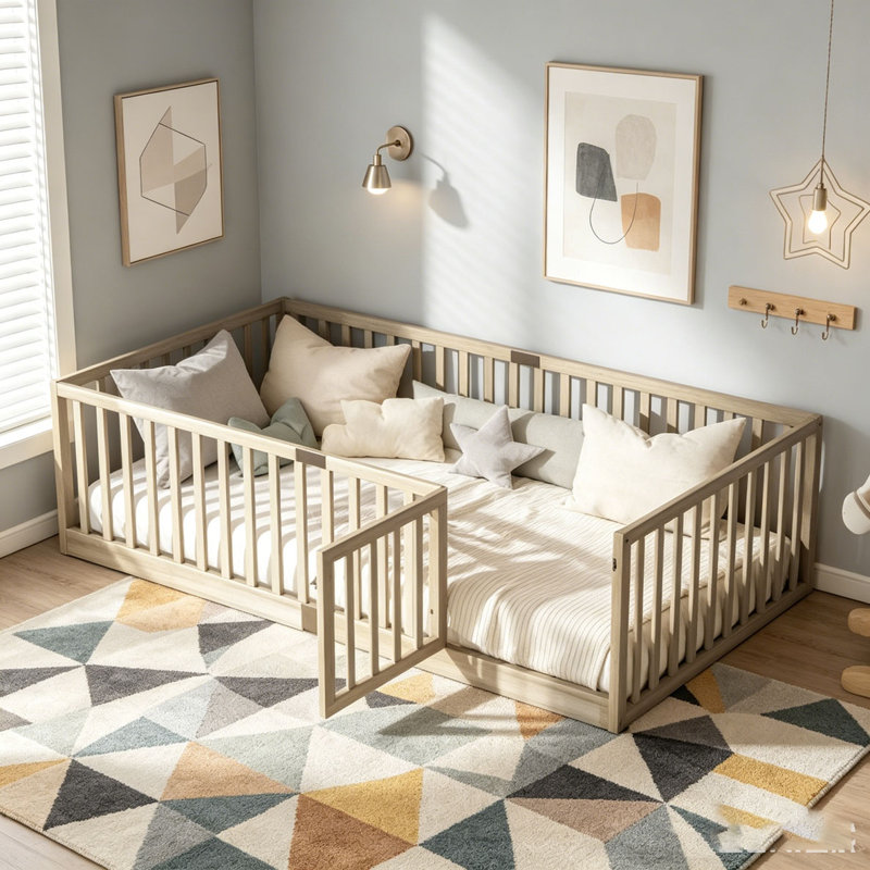 Lit sur pied avec garde-corps haute, Lit simple, Naturel + porte