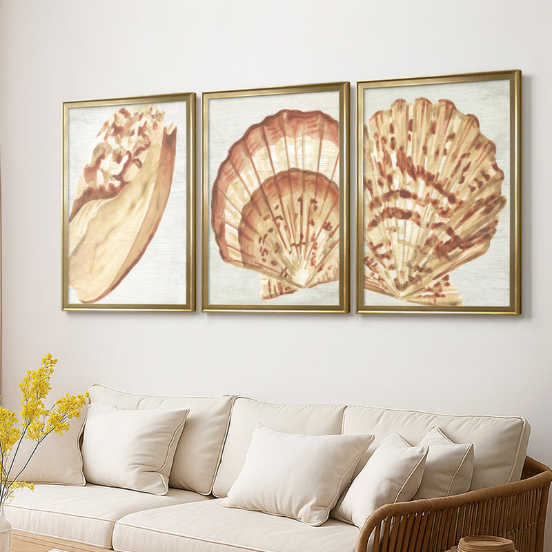 «Vintage Shell Vignette I», toile tendue encadrée sur mesure - 3 pièces, H 15 po x l 19 po, Doré