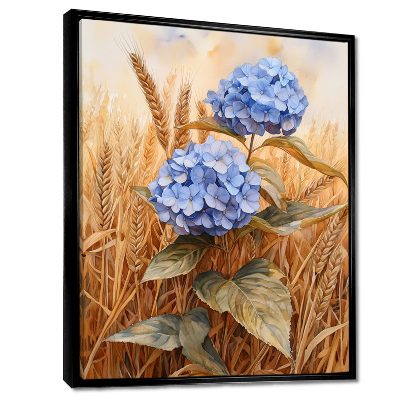 Hortensias dans le champ de blé I - hydrangées, art mural, Noir, Impression encadrée flottante, H 44 po x l 34 po