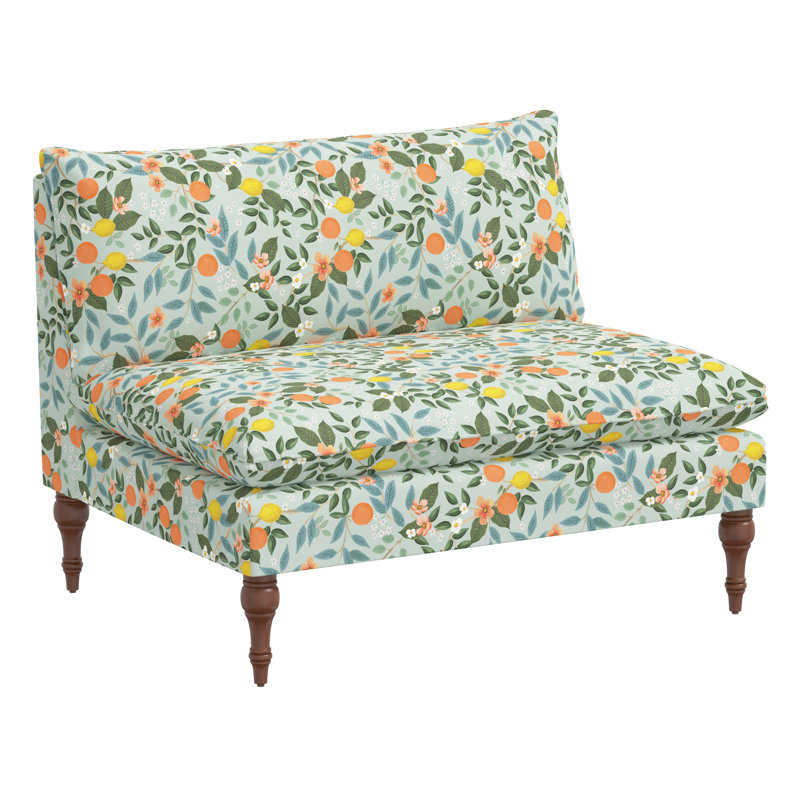 Rifle Paper Co. x Cloth & Company Louie Settee, Rpc Garden Party Blue Linen, Espresso Wood