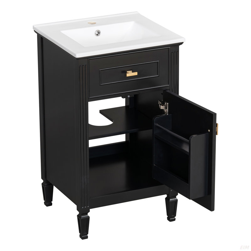Meuble-lavabo de 20 po avec lavabo, pieds en bois massif, tablette réglable, tiroir inclinable, boutons en alliage de zinc, armoire autoportante moderne