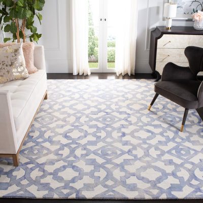 Amekia Hand Tufted Wool/Cotton Geometric Rug in Ivory/Blue