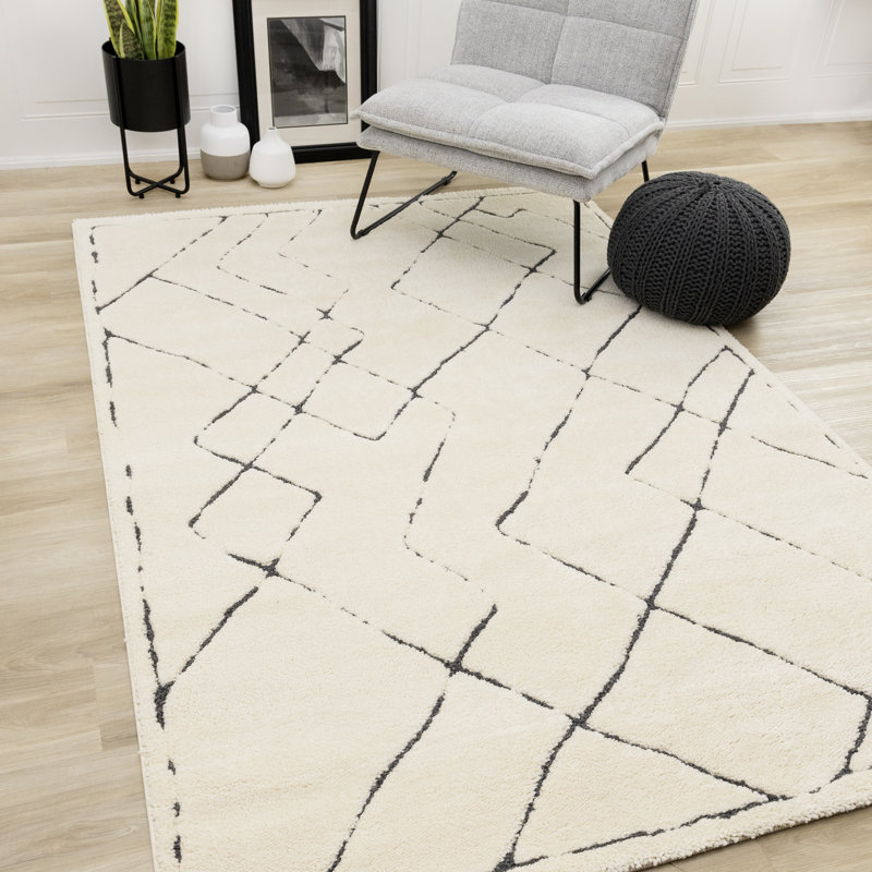 Tapis intérieur / extérieur 5 pi x 8 pi (5 pi 3 po x 7 pi 7 po) à motif treillis, crème, contemporain moderne - salon, chambre à coucher, salle à manger et cuisine