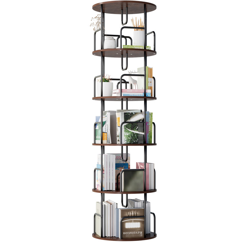 Tour 5 niveaux avec bibliothèque rotative, tablette pivotante à 360 degrés pour bureau et bureau, conception étroite et haute avec coin arrondi, finition brun noyer