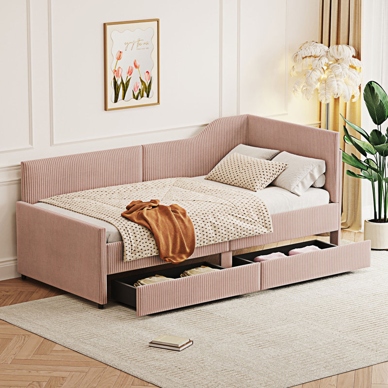 Lit de jour rembourré en L avec tiroirs Modern, Rose