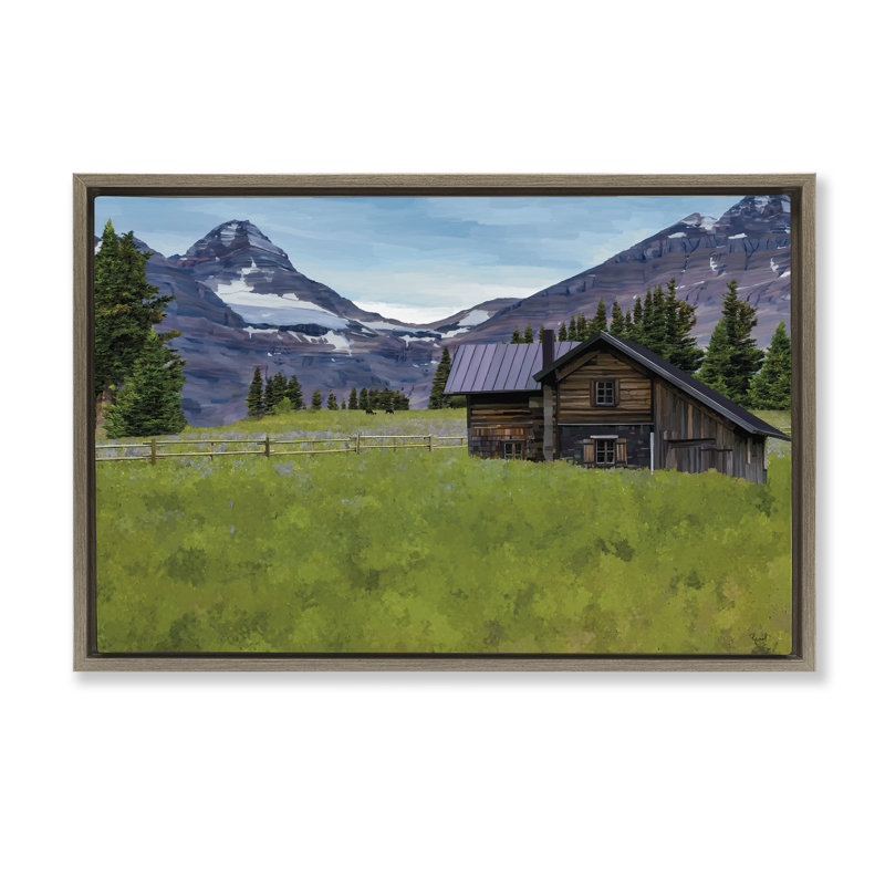  «Cabin on Ranch Landscape», toile flottante encadrée par Renel Peters, H 17 po x l 25 po, Cadre flottant orme Montalcino