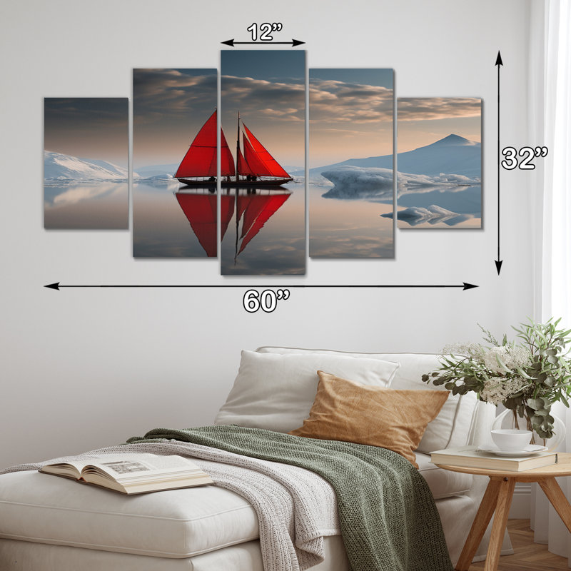 Voilier rouge arctique - impression sur toile - 5 panneaux