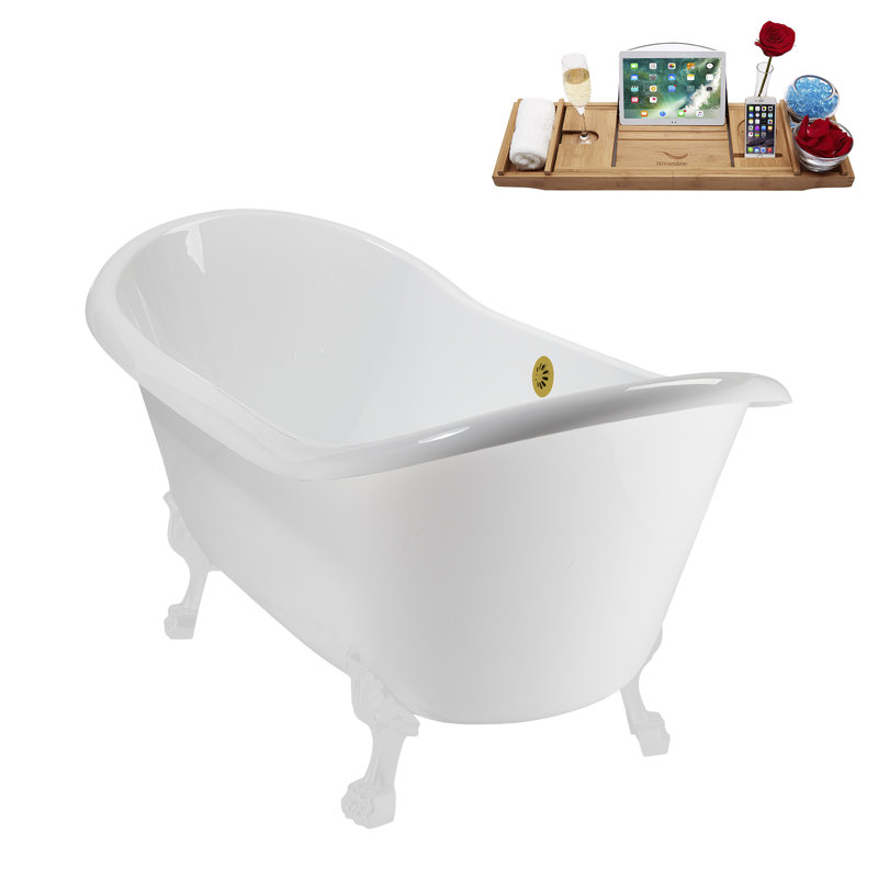 71" Streamline Clawfoot Tub,Tray,Drain and Clawfeet, Glossy White, Brushed Gold