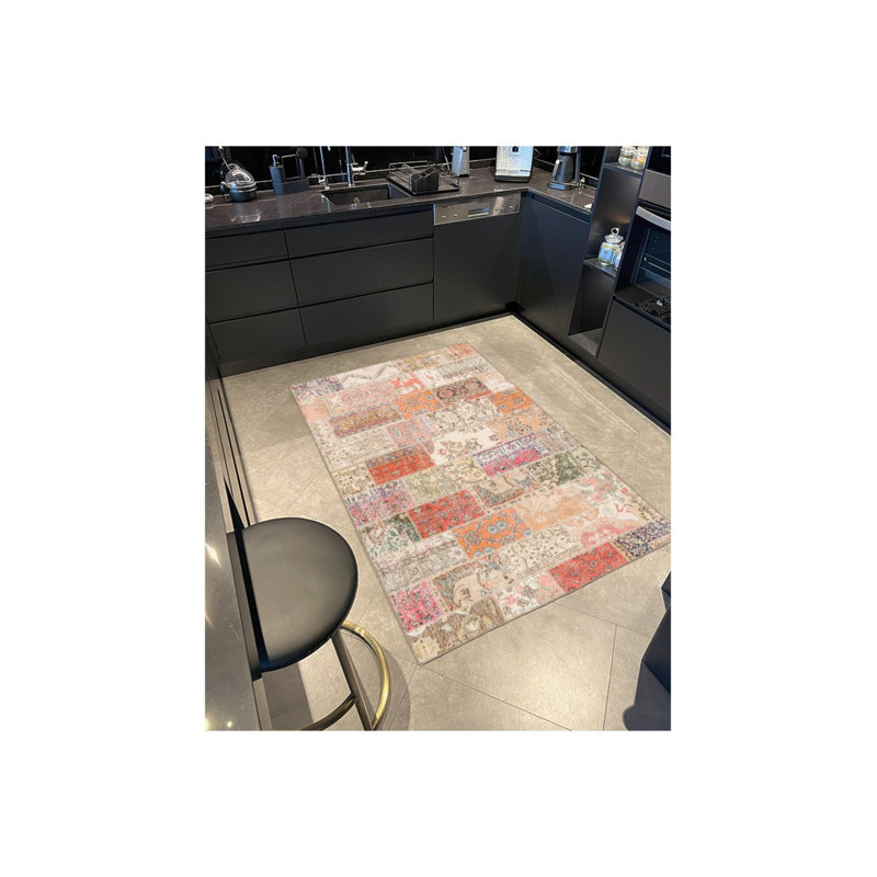 Tapis rose lavable à la machine à motif géométrique, Tapis de couloir 2 pi 6 po x 9 pi 10 po inclus