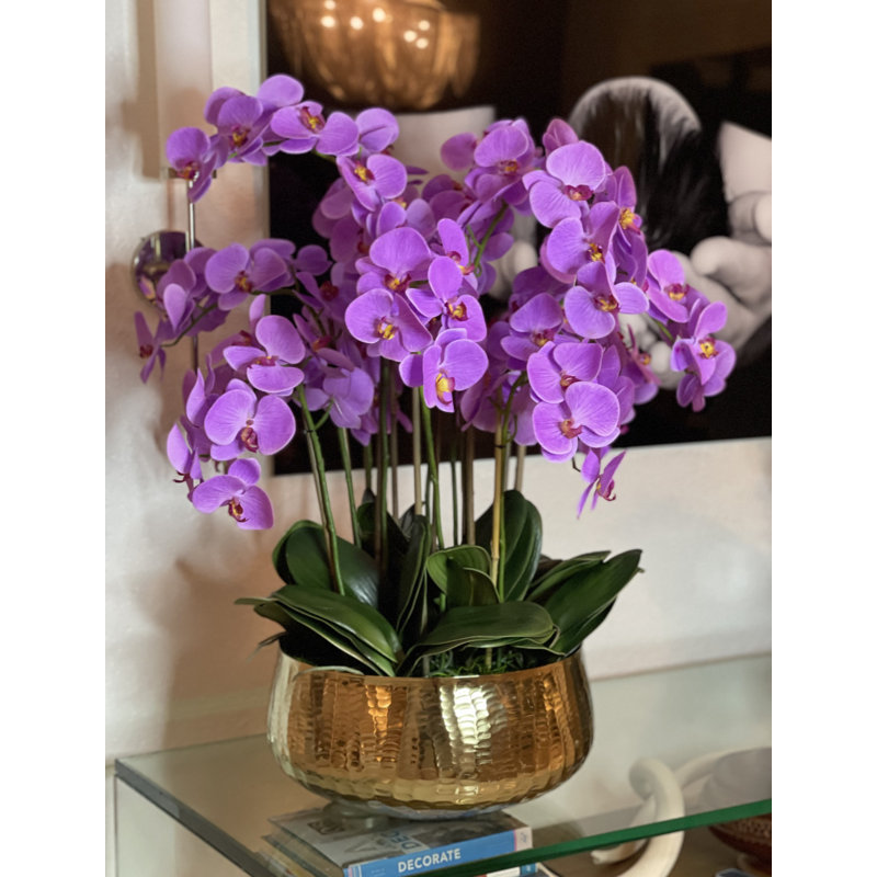 Roberi Gold Bowl With Light Purple Orchids, Light Purple