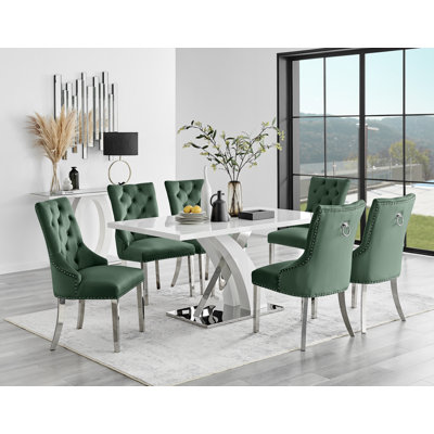 Marietta Chrome Metal & White High Gloss Dining Table Set - 6 Button Luxury Velvet Dining Chairs