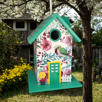 Garden Flower Cottage with Metal Bird Birdhouse