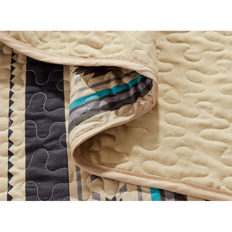  Lightweight Southwestern Geometric Tribal Aztec Quilt Set, King Quilt + 2 King Shams, Blue/Beige