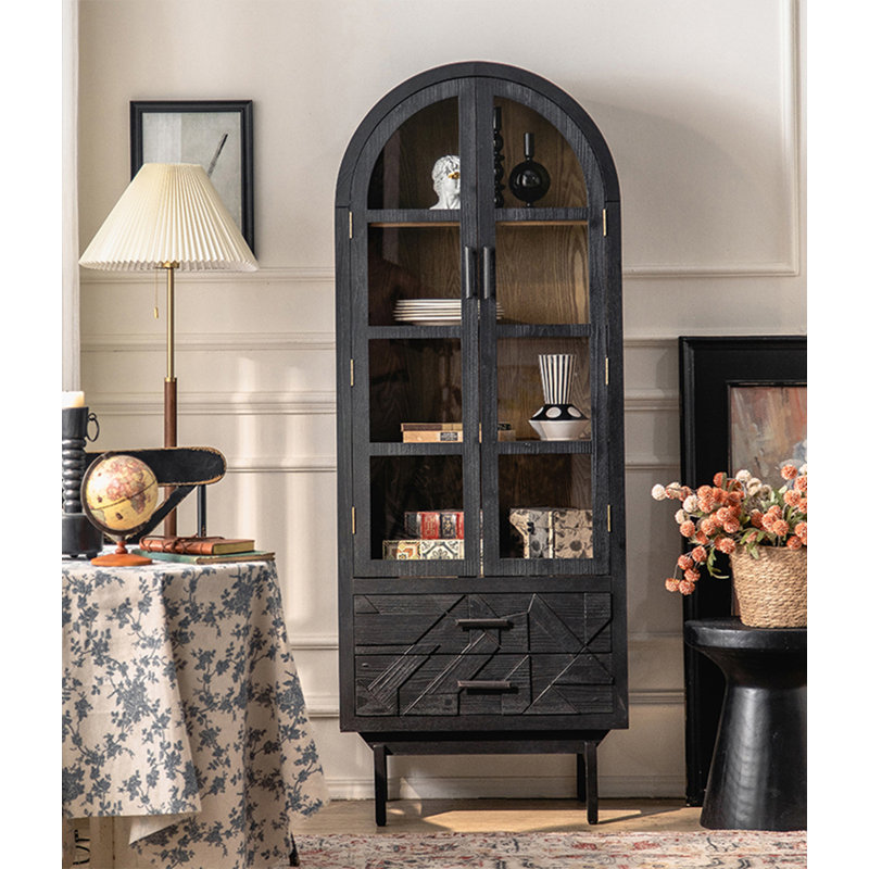 French Vintage Arched Solid Fir Wood Display Cabinet with Drawers