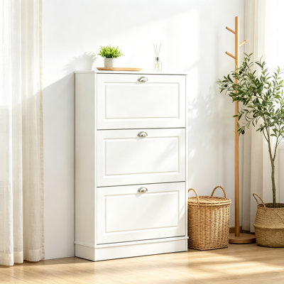 Meuble à chaussures 76 cm x 19 cm x 117 cm, panneaux de particules MDF, monobloc, 3 tiroirs rabattables, blanc, rangement étroit pour 12 paires de chaussures