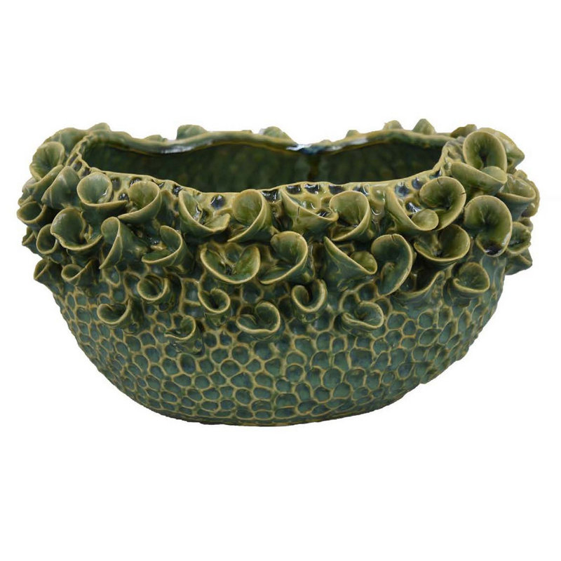 Bol décoratif Nina, céramique texturée, floral abstrait 13 po, Vert/bleu