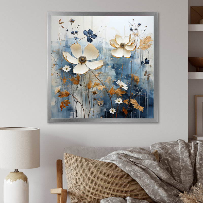 Champs blancs et bleus de fleurs sauvages V, Cadre simple argenté, H 16 po x l 16 po x P 1 po