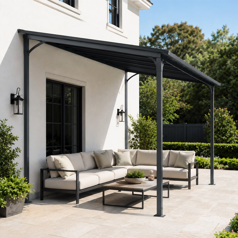 Outdoor Wall-Mounted Metal Pergola With Sloped Waterproof Roof For Patio, Garden, And Backyard