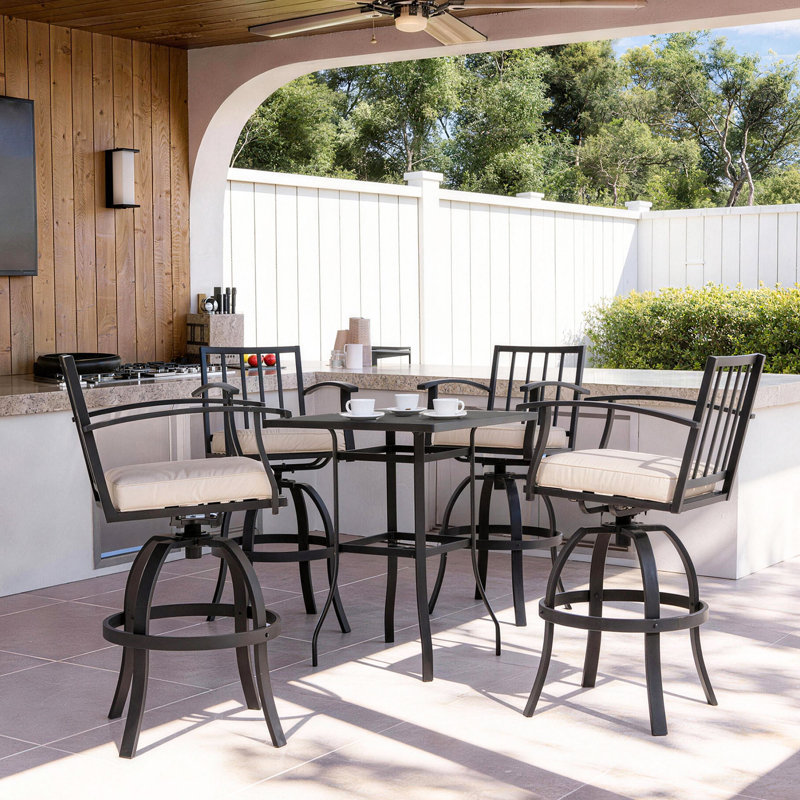 5-Piece Bar Dining Set With Swivel Armrest Chairs And Square Table, Tan, 4