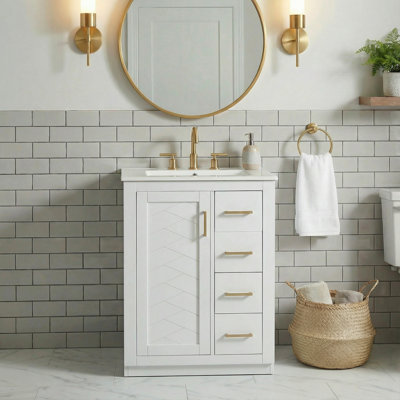 24" Modern White Bathroom Vanity with Integrated Sink, Geometric Textured Door, Soft-Close Hardware & Gold Handles