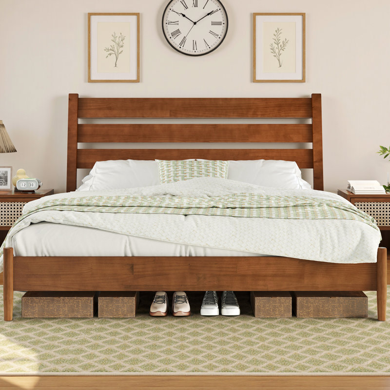 Mid-Century Modern Solid Wood Platform Full Bed With Reclining Slatted Headboard, Light Brown, Light Brown, Full