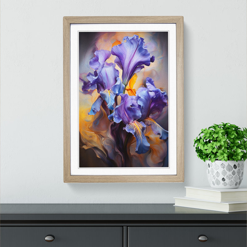 Iris Flower Modern - Single Picture Frame Print on Wood, Oak Framed, 64cm H x 46cm W x 2cm D