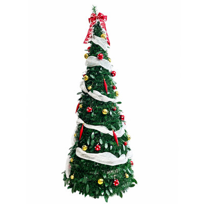 6FT Pop-Up Foldable Slim Christmas Tree with Ball Ornaments