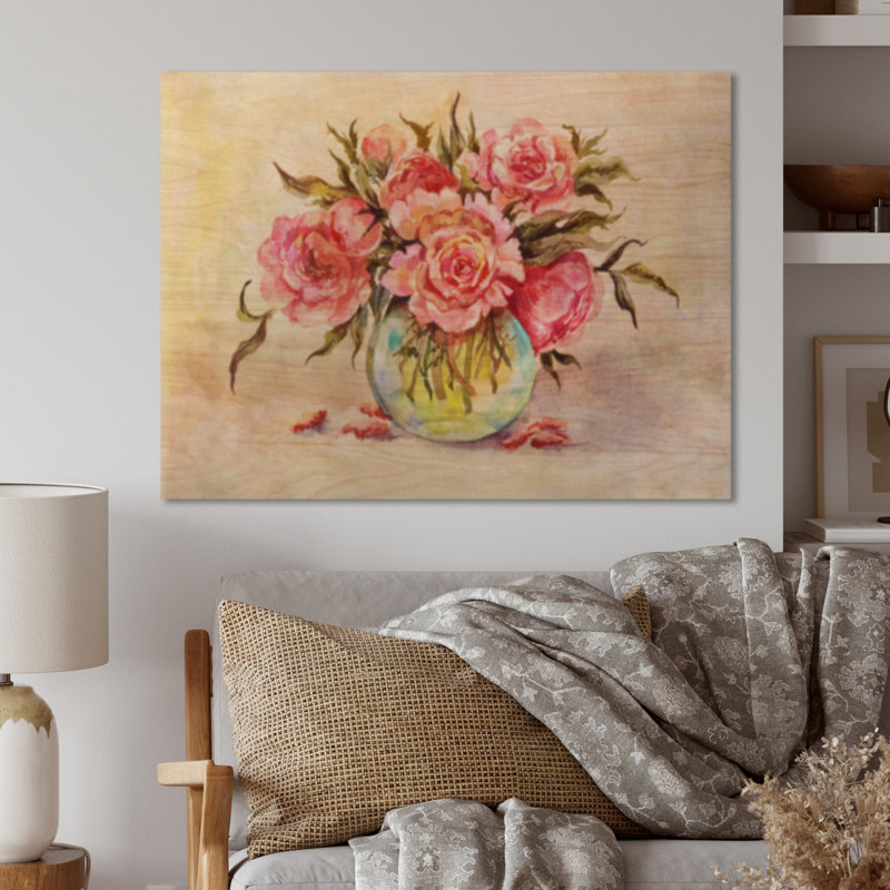 Bouquet de fleurs roses rétro - décoration murale traditionnelle en bois, H 8 po x l 12 po x P 1 po, Cadre noir