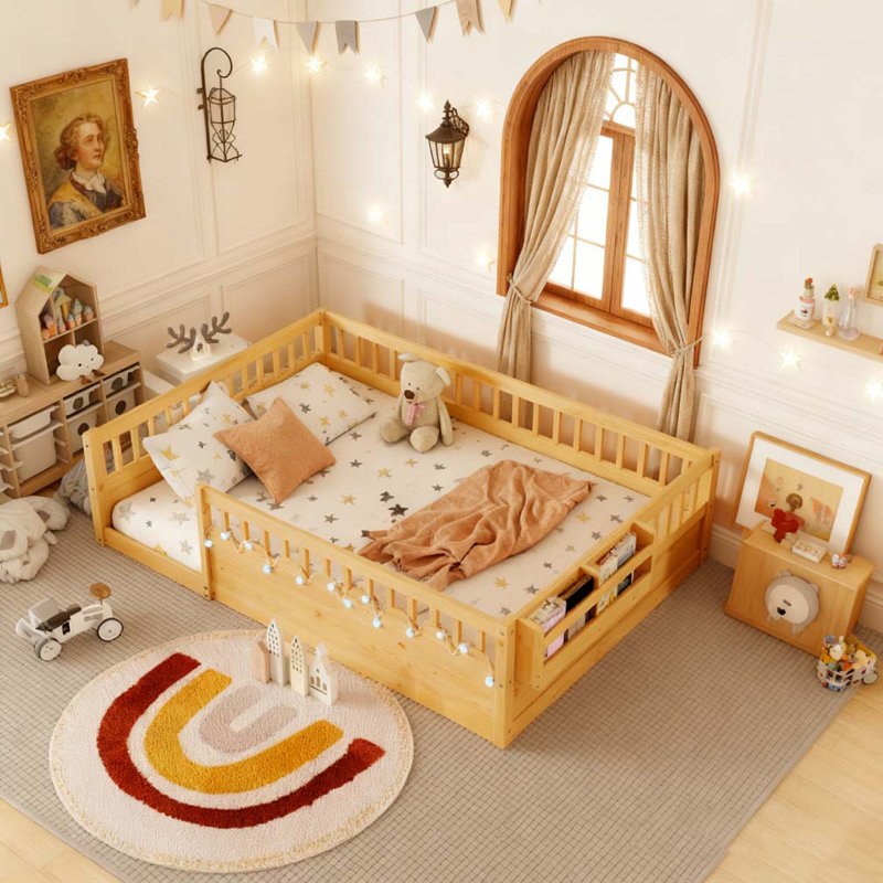 Base de lit au sol avec rails hauts, Naturel, Simple