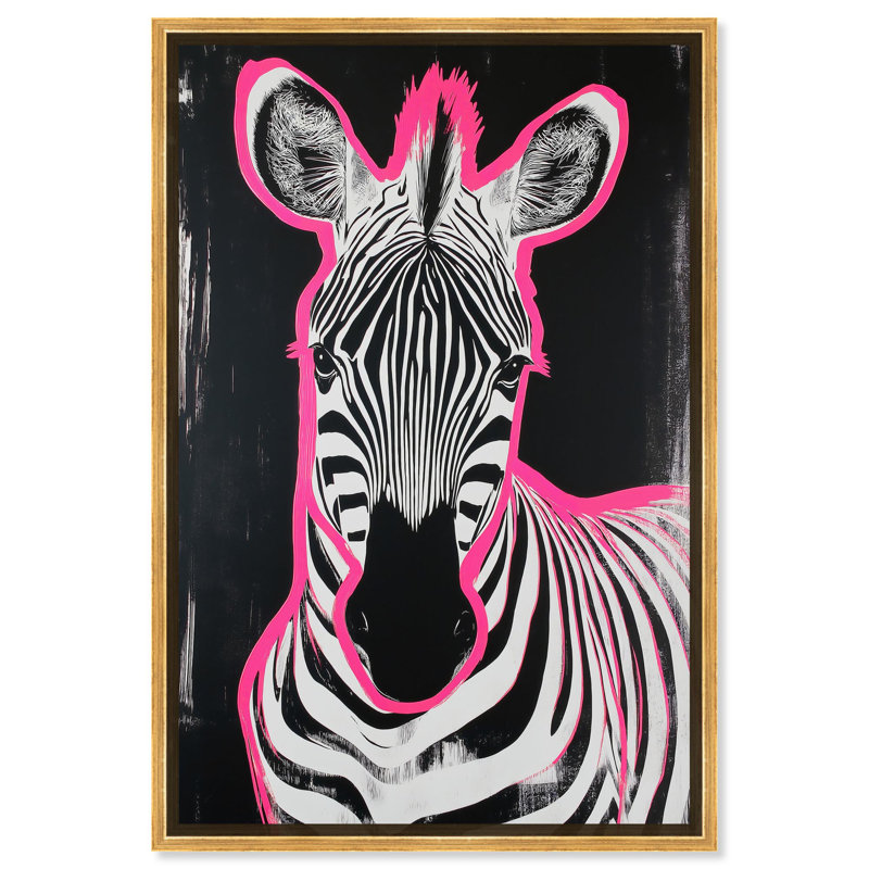 «Pink Pop Zebra in Electric Glow», art mural sur toile par Art Remedy, Cadre doré, H 31 po x l 21 po