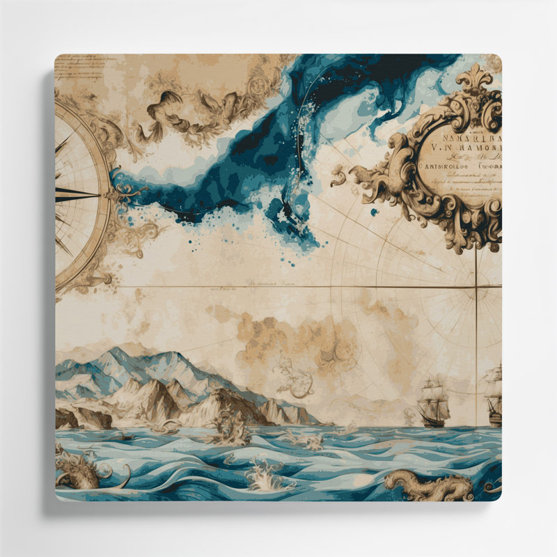«Coastal Nautical Map Plus», art mural en métal beige, H 12 po x l 12 po