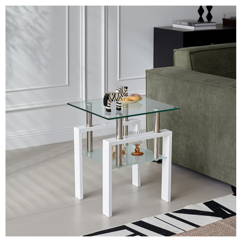 Table de bout en verre trempé blanc 2 pièces, petite table avec rangement à 2 couches, table d'appoint de salon