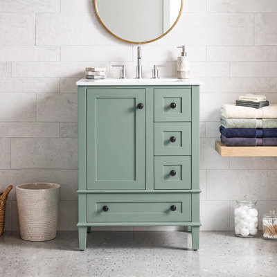 Meuble-lavabo autoportant 24 po en bois massif + panneau de fibres à densité moyenne avec lavabo intégré en céramique, meuble de salle de bain vert avec tablette à double couche, tiroirs et porte à fermeture en douceur