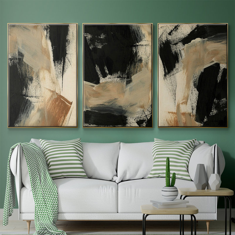 Baked Paintstrokes IV, ensemble de 3 toiles encadrées, H 36 po x l 72 po, Or