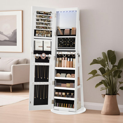 Armoire à bijoux à DEL avec armoire à bijoux verrouillable sur pied avec miroir pleine longueur et lumières DEL réglables