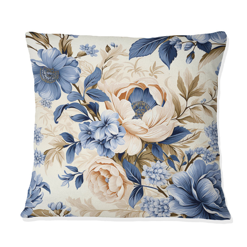 Coussin décoratif victorien rococo bleu cobalt - imprimé floral, H 18 po x l 18 po