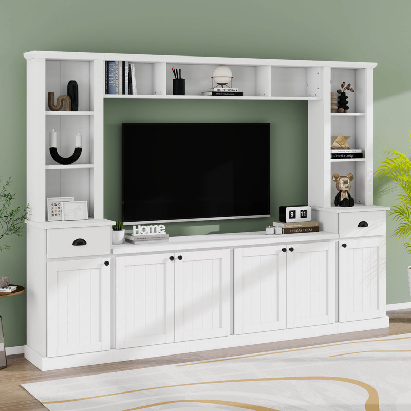 103" L Minimalist Entertainment Wall Unit Set With Bridge For Tvs Up To 75'', Ample Storage Space TV Stand With Adjustable Shelves, Media Console