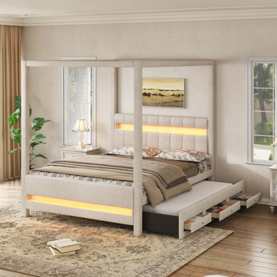 Luxury Canopy Platform Bed with Integrated LED Lighting and Dual Sleeping Solutions