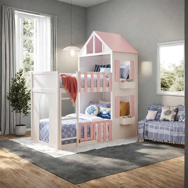 Lits superposés avec rangement, 2 places, en MDF et bois, style moderne et gain de place., Pink