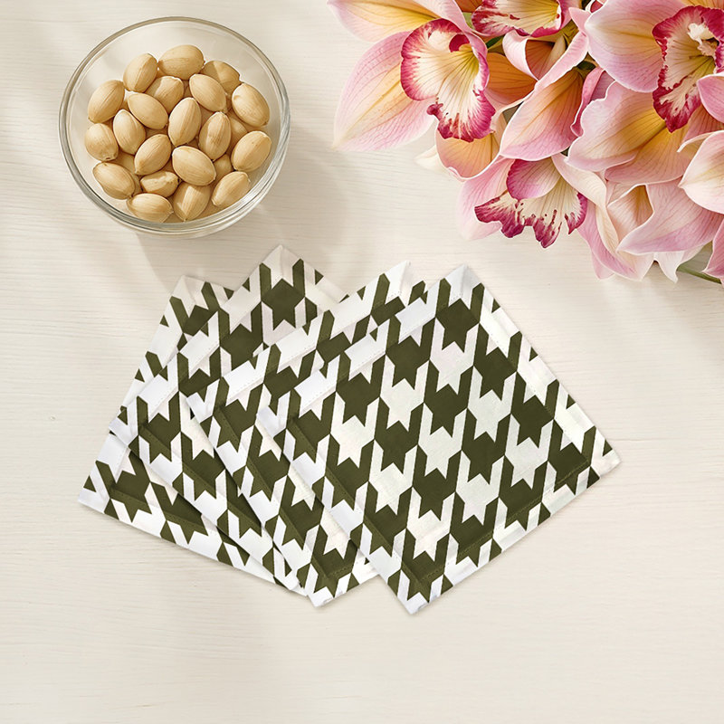 Houndstooth Cotton Sateen Cocktail Napkins, Green/White