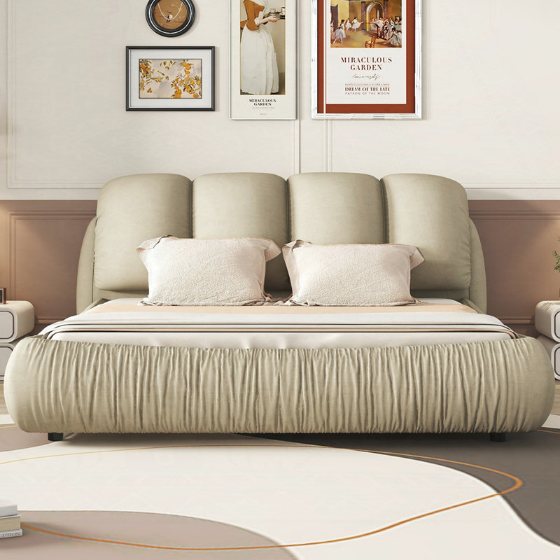 Amza Luxury Upholstered Bed With Thick Headboard, Vegan Leather Bed with Oversized Padded Backrest, King, Stone Gray