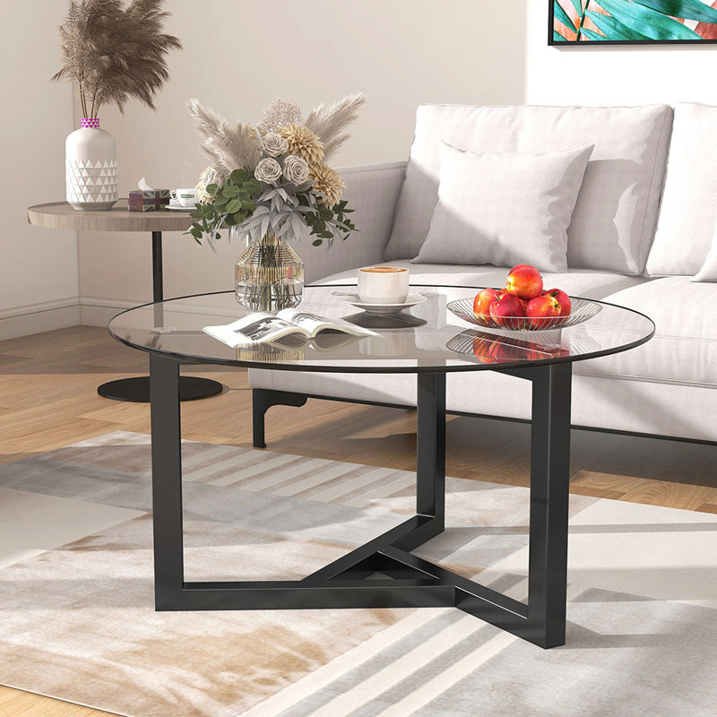 Table basse ronde en verre de style moderne avec plateau en verre trempé et base en bois robuste, Noir