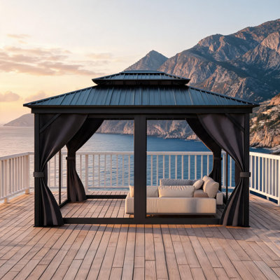 Pavillon de jardin 12 po x 14 pi avec toit double en métal, abri de patio à cadre en aluminium avec rideaux et filet pour la cour arrière